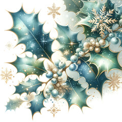 Magical Christmas holly branch gold winter composition, Christmas square greeting card