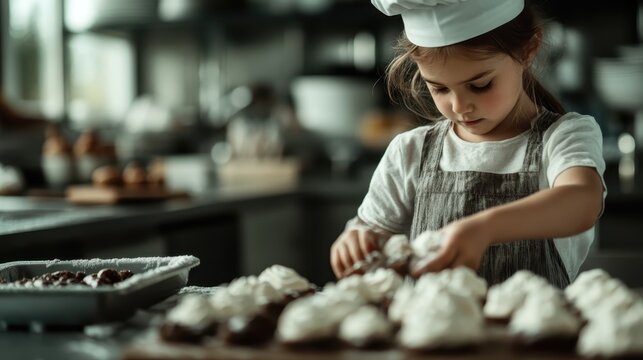 A young girl, focused and attentive, is seen decorating various baked goodies in a kitchen setting, demonstrating her developing skills and creativity as she learns.