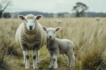 Fototapeta premium Two sheep standing in a field, one is a mother and the other is a baby