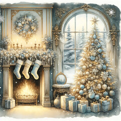 Magical Christmas blue gold holiday composition with a home interior, Christmas tree. New Year square postcard Merry Christmas.