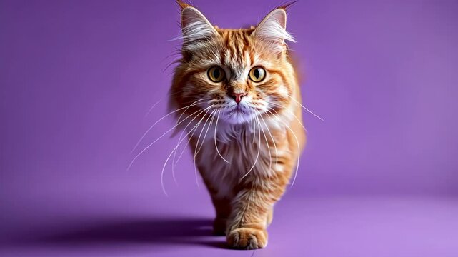 A ginger cat with white whiskers walks towards the camera on a purple background