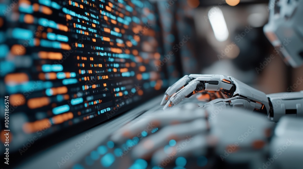 Poster a robot engages with digital data, showcasing rapid analysis. the scene emphasizes the merging of te