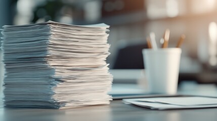 A high stack of papers sits on a wooden desk in a sunlit office, symbolizing paperwork, organization, and administrative work tasks in a professional environment.