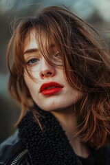 Fototapeta premium Close-up shot of a woman wearing bold red lipstick