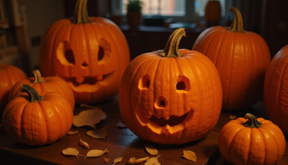 Fototapeta premium Group of Carved Pumpkins with Jack-O'-Lantern Faces