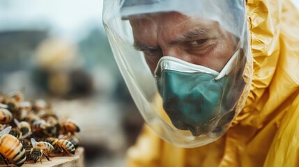 A beekeeper in protective yellow attire closely inspects a hive filled with bees, showcasing the intense focus and meticulous care in the beekeeping process.