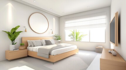 Modern master bedroom with sleek design, minimalist furniture, and soft tones, offering a tranquil retreat