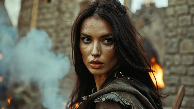 A woman with long dark hair looks intently at the camera, her face etched with worry, in front of a burning building