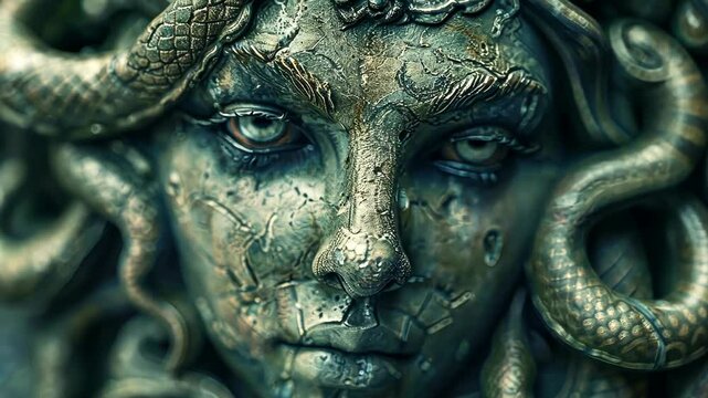 A close-up of Medusa's face, her stony skin and piercing blue eyes are framed by writhing snakes