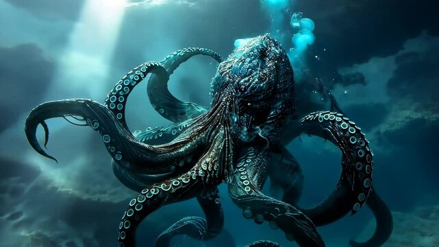 A giant octopus lurks in the deep ocean, its tentacles reaching out in the darkness