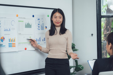 Confident Businesswoman Presenting Data: A young Asian businesswoman confidently presents data and charts during a business meeting. Her poise and expertise are evident. 