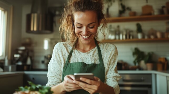 A cheerful woman in an apron interacts with her smartphone in a warm kitchen setting, emphasizing the blend of technology with everyday culinary routines and joy.