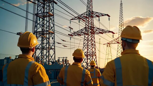 Utility Workers Inspecting Power Lines and Electrical Towers at Sunset

