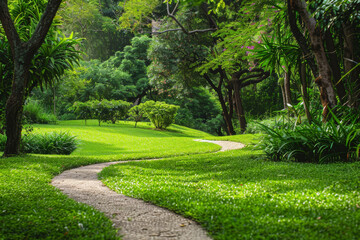Naklejka premium A path winds through a lush green park