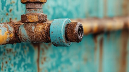 An old, rusty pipe joint painted blue set against a textured turquoise wall, symbolizing age, decay, and the passage of time in an industrial setting.