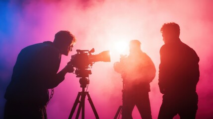 Fototapeta premium Filmmakers in silhouette stand against a vibrant, colorful backdrop while operating cameras, embodying the dynamic and expressive aspect of visual storytelling.