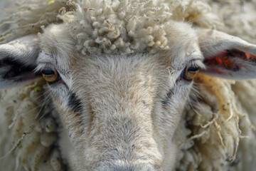 A sheep with a fluffy white coat and a black nose