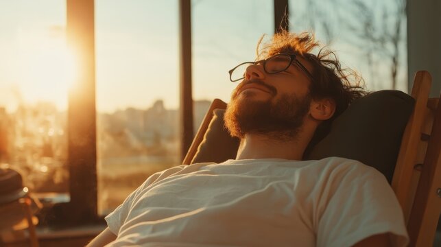 A young man with wild hair basks in the warm glow of the setting sun through expansive windows, creating an ambiance of tranquility and hopefulness in the room.