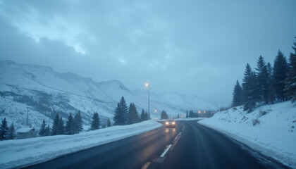Cars driving on snowy mountain road at dusk