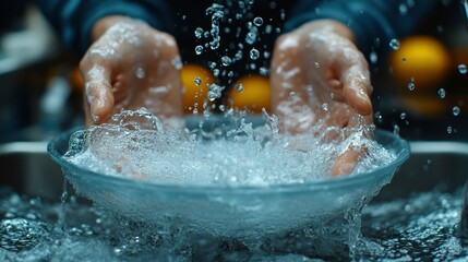 Closeup of Hands Splashing Water into a Bowl