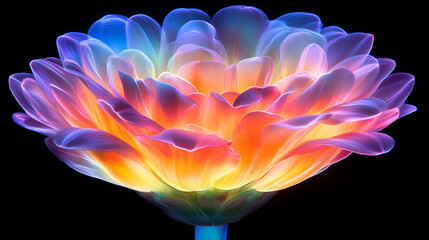 A vibrant and colorful flower with iridescent petals glows against a black background, showcasing intricate details and bright hues