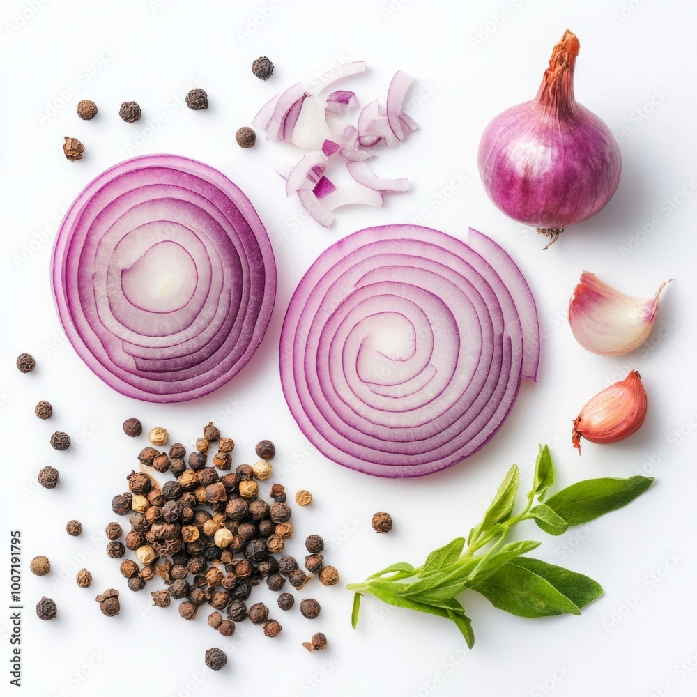 Poster Freshly sliced red onions display crisp layers and vibrant color. Accompanied by whole and chopped spices. Perfect for culinary visuals and recipe illustrations. AI.