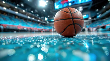 This image captures the essence of a bustling basketball court, seen from a low angle on the arena floor, with a basketball prominently in focus under bright lights.