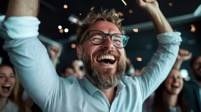 A man wearing glasses, with an ecstatic smile, raises his arms victoriously amid a group of partygoers, capturing pure joy and lively celebration.