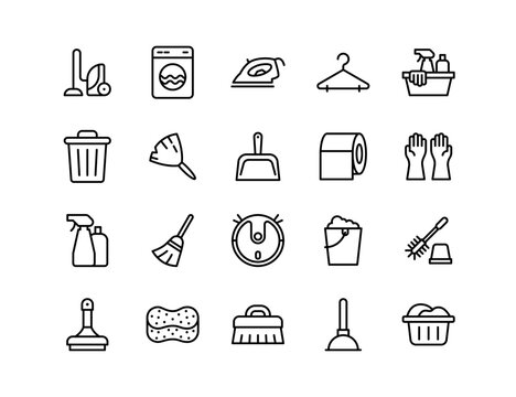 Cleaning Icons Vector Set: Vacuum, Laundry, Iron, Cleaning Supplies, Mop, Gloves, Sponge - Perfect for Housekeeping and Home Maintenance Graphics
