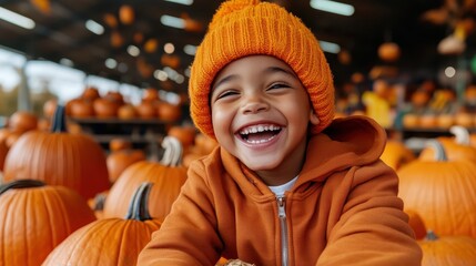 Obraz premium A cheerful child wearing an orange sweater and knitted hat, smiling broadly in a pumpkin patch, encapsulating the joyful essence of the harvest season.