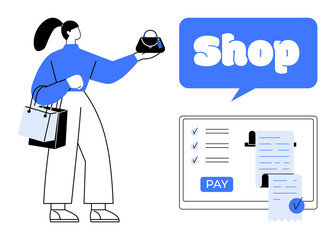Woman holding a handbag and shopping bags with a payment screen and receipts. Ideal for e-commerce online shopping digital payment retail and consumer behavior modern flat style