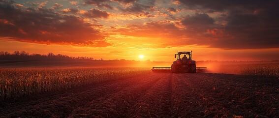 Fototapeta premium Silhouette of a tractor working in a field at sunset.