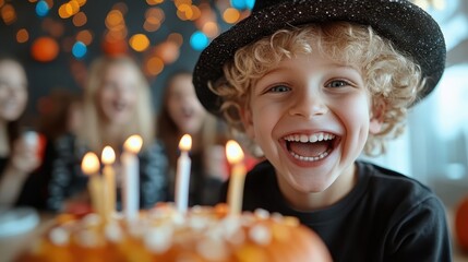 A joyful child wearing a black hat grins widely near a cake with candles, amidst a group of friends celebrating a lively birthday party under warm lights.