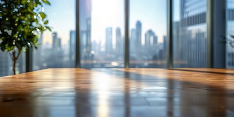 Sunlit wooden table in a modern office with blurred city skyline, ideal for product mockups and branding