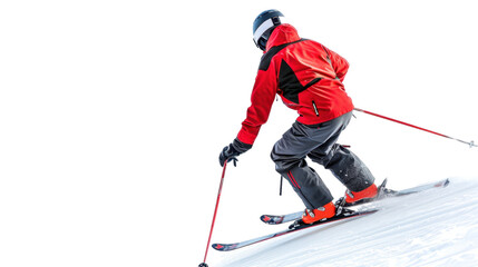 Skier skiing descending a snowy slope, on white background