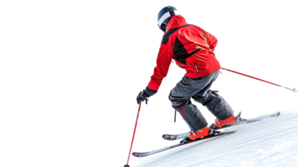 Skier skiing descending a snowy slope, on white background