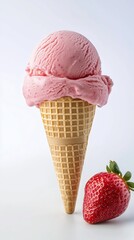 Delicious strawberry ice cream cone with a fresh strawberry beside it showcasing a sweet treat on a clear background