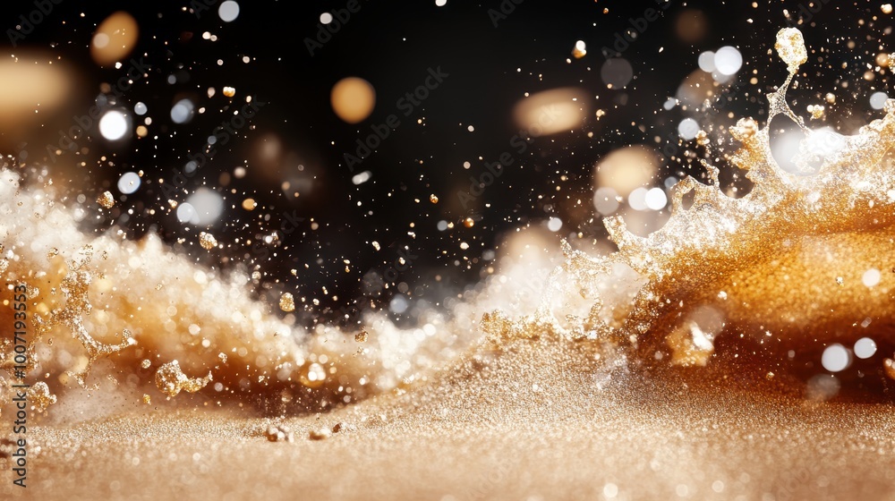 Poster a mesmerizing display of golden particles exploding in a vivid burst against a dark background, crea