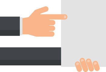 Man pointing on blank paper banner. Promo show template