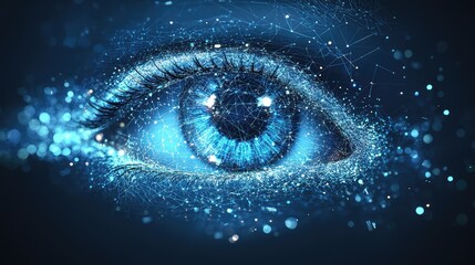 Futuristic Wireframe Eye Technology with Spheres of Flying Debris and Thin Line Concept in Blue Polygonal Structure Illustration