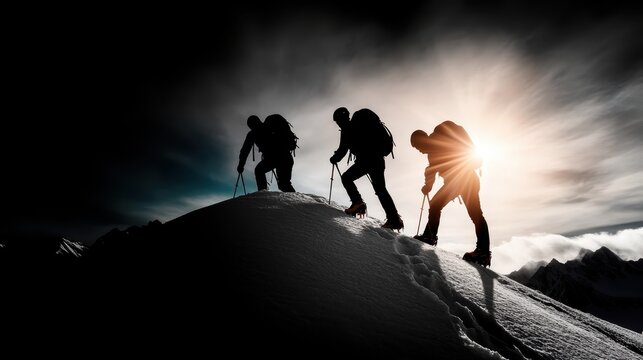 Silhouettes of climbers ascending a dramatic, shadow-clad snowy mountain peak against a backlit sky, capturing the spirit of adventure and perseverance.