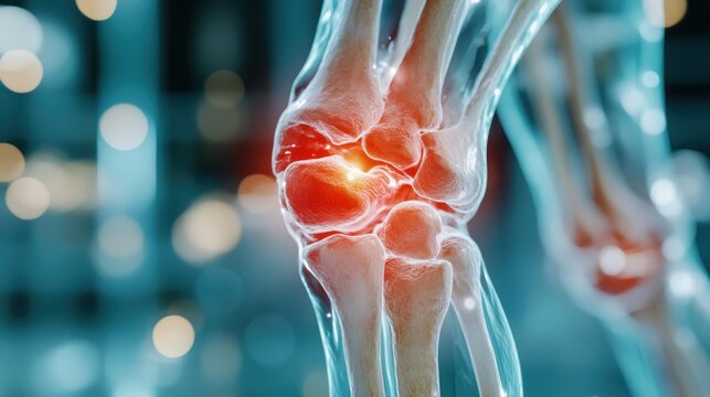 This highly detailed image focuses on the wrist joint, stressing the pain area highlighted in red, emphasizing anatomical precision and joint health awareness.