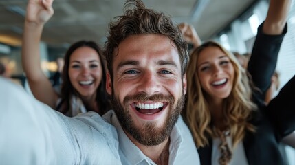 Obraz premium A vibrant group selfie highlights three cheerful individuals enjoying themselves in a bright office environment, evoking a sense of camaraderie and youthful spirit.