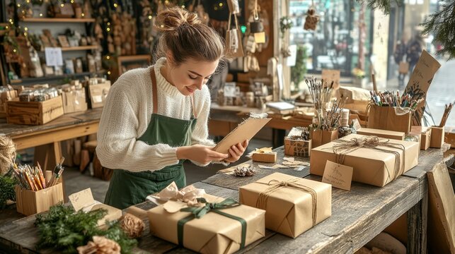 Young Woman in Cozy Workshop Decorates Eco-Friendly Gift Packages for Holidays