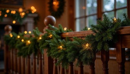 Cozy Christmas staircase with pine garland and warm lights