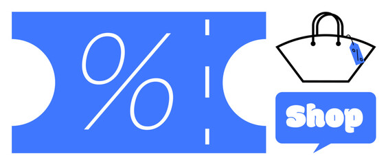 Blue and white discount voucher with a large percentage symbol and a shopping bag with a price tag above the word shop. Ideal for retail promotions sales marketing and e-commerce campaigns