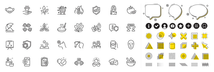 Set of Sun protection, Veterinary clinic and Medical mask line icons for web app. Design elements, Social media icons. Medical tablet, Vision board, Potato icons. Vector