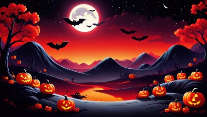 A spooky Halloween landscape with pumpkins, bats, and a full moon over mountains.