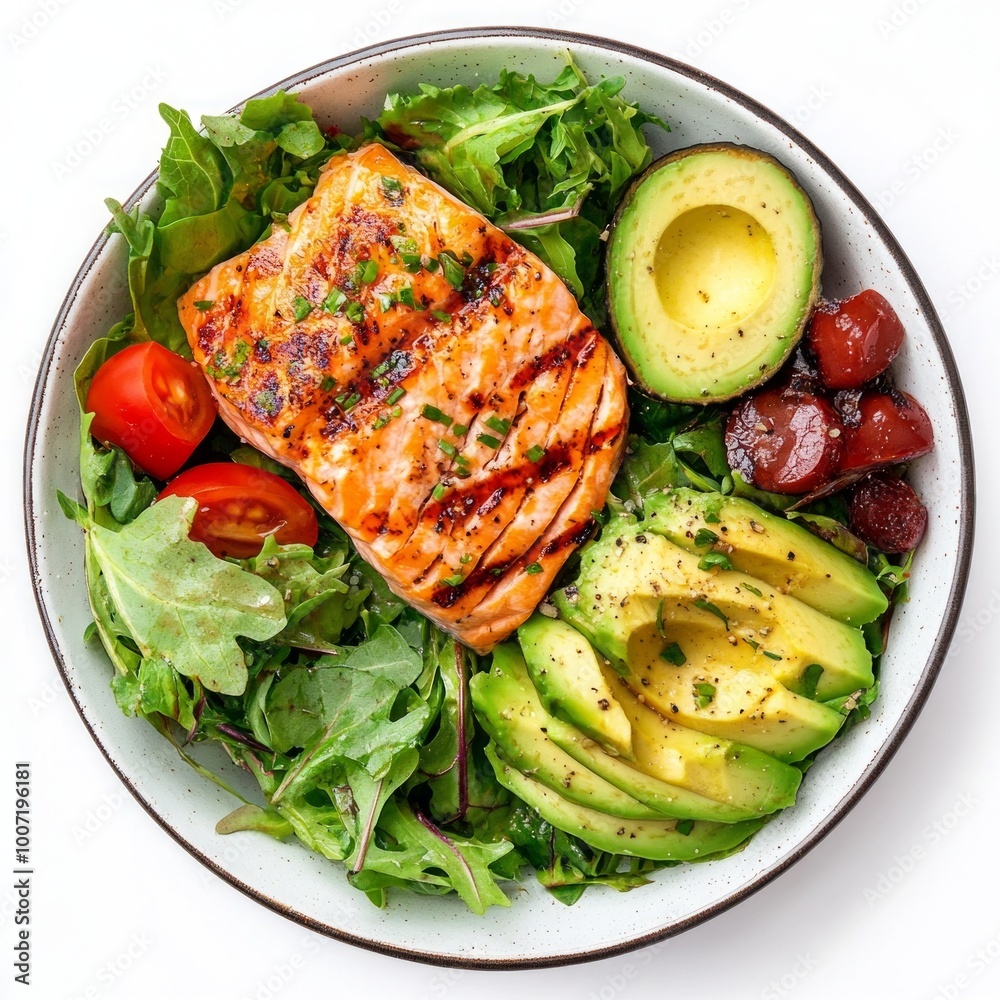 Poster A fresh and vibrant salad bowl featuring grilled salmon, avocado, cherry tomatoes, and leafy greens. Perfect for healthy eating and meal prep ideas. Enjoy a nutritious bite. AI