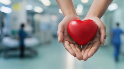 Two hands gently hold a red heart, symbolizing care and compassion in a healthcare environment.